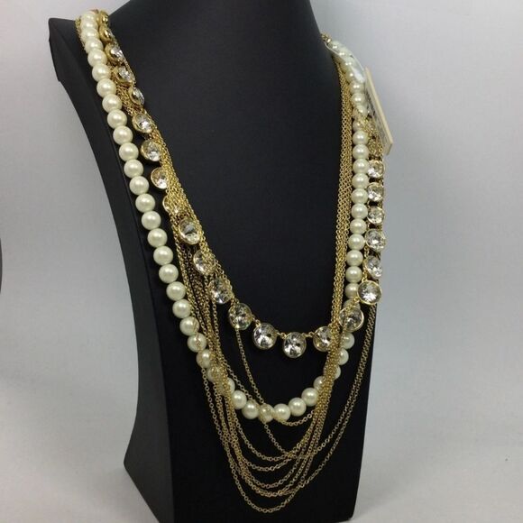 NWT Ann Taylor Goldtone Faux Pearl Layered Chain Necklace 32" - Picture 4 of 5